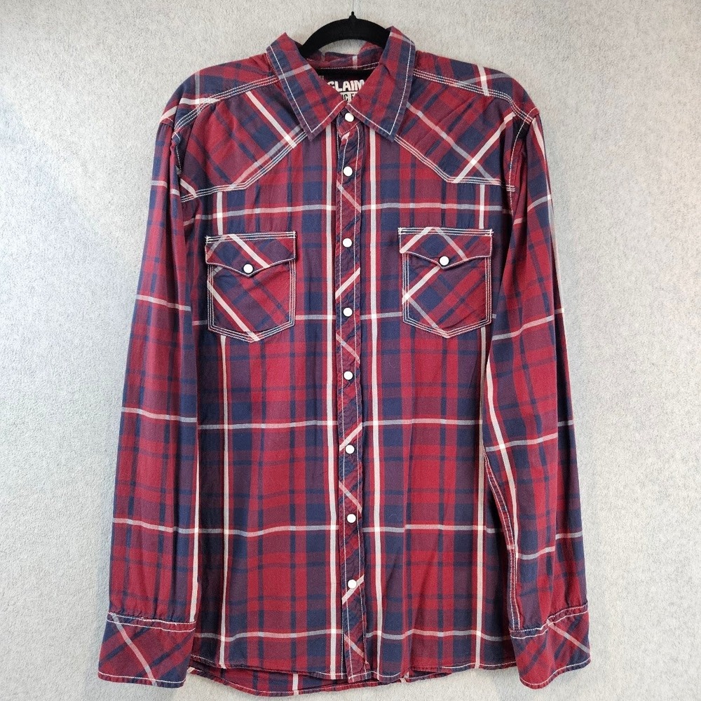 RECLAIM | Mens Athletic Fit Western Plaid Snap Button Down Shirt Red Navy XL - Picture 2 of 15
